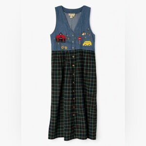 C.W. Studio Teacher Dress Denim Plaid Embroidered Schoolhouse Novelty Women’s M